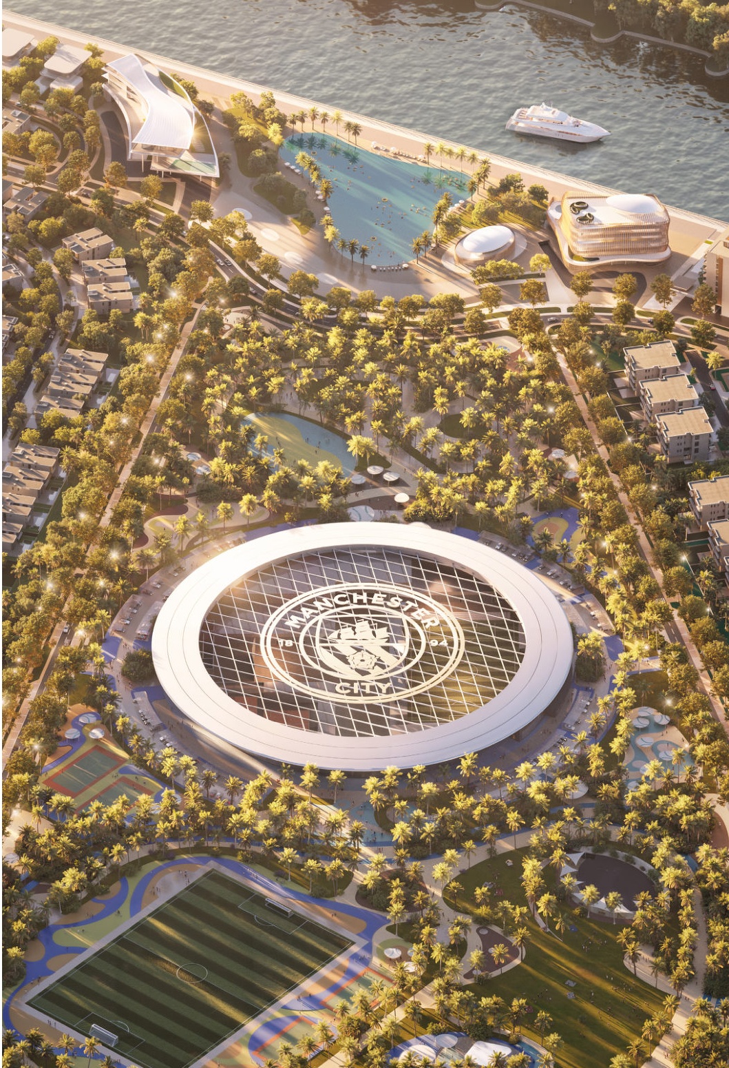Aerial view of Manchester City Park beside Yas Canal
